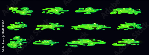 Poison puddle. Boiling potion, toxic green liquid with bubbles in witch magic cauldron, slime spill poisonous substance on floor game vfx effect, cartoon swanky vector illustration