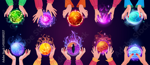 Magic balls in hands. Fortune teller predict future or foretell destiny, gypsy witch hand with crystal ball oracle seer divination telling fate sphere, swanky vector illustration