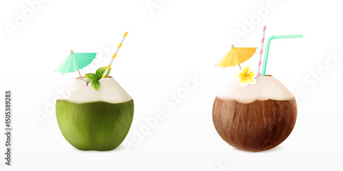 Realistic coconut water. 3d green coco tropical fruit cocktail with straw umbrella, summer fresh drink juice milk hawaii or thailand beach organic food, exact vector illustration