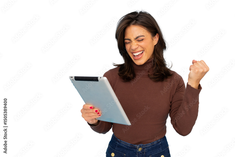 Enthusiastic woman celebrating with digital tablet, raising triumphant fist, expressing workplace achievement against neutral background Enthusiastic woman celebrating with digital tablet, raising triumphant fist, expressing workplace achievement against neutral background