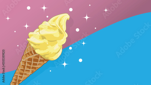 Pastel yellow ice cream and cone on pastel pink and blue background.
