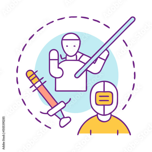 Fencing safety illustration with colorful characters, protective gear, and swords in a playful design on a light background
