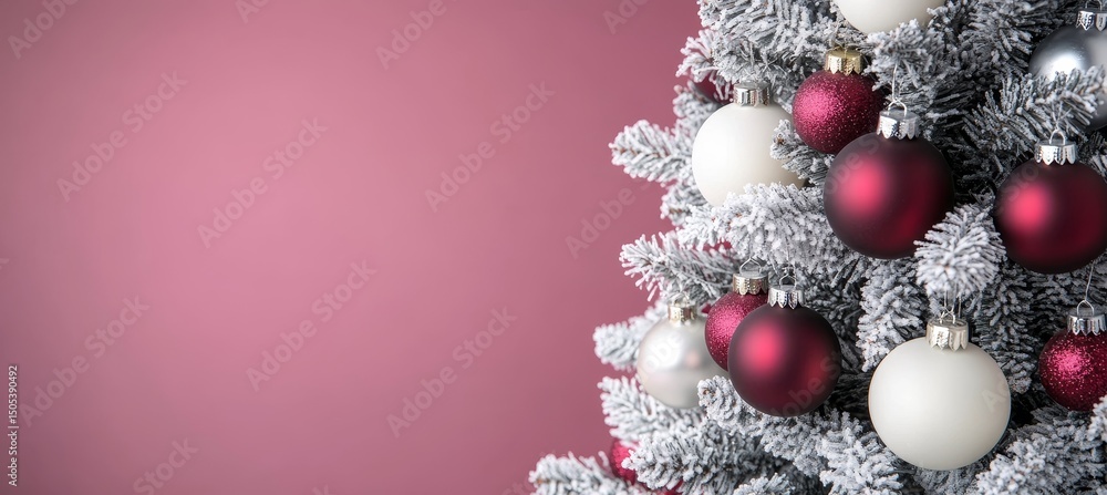 Close-up View of Elegantly Decorated Christmas Tree with Red and White Baubles, on Pink Background Close-up View of Elegantly Decorated Christmas Tree with Red and White Baubles, on Pink Background