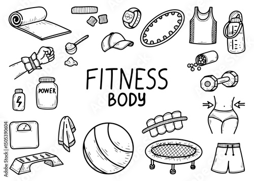 Fitness set. Hand drawn doodle illustration. Sports equipment for group training in gym. Active lifestyle. Body care. Muscle building. Weight loss. Yoga, jumping. Vector line art collection elements.