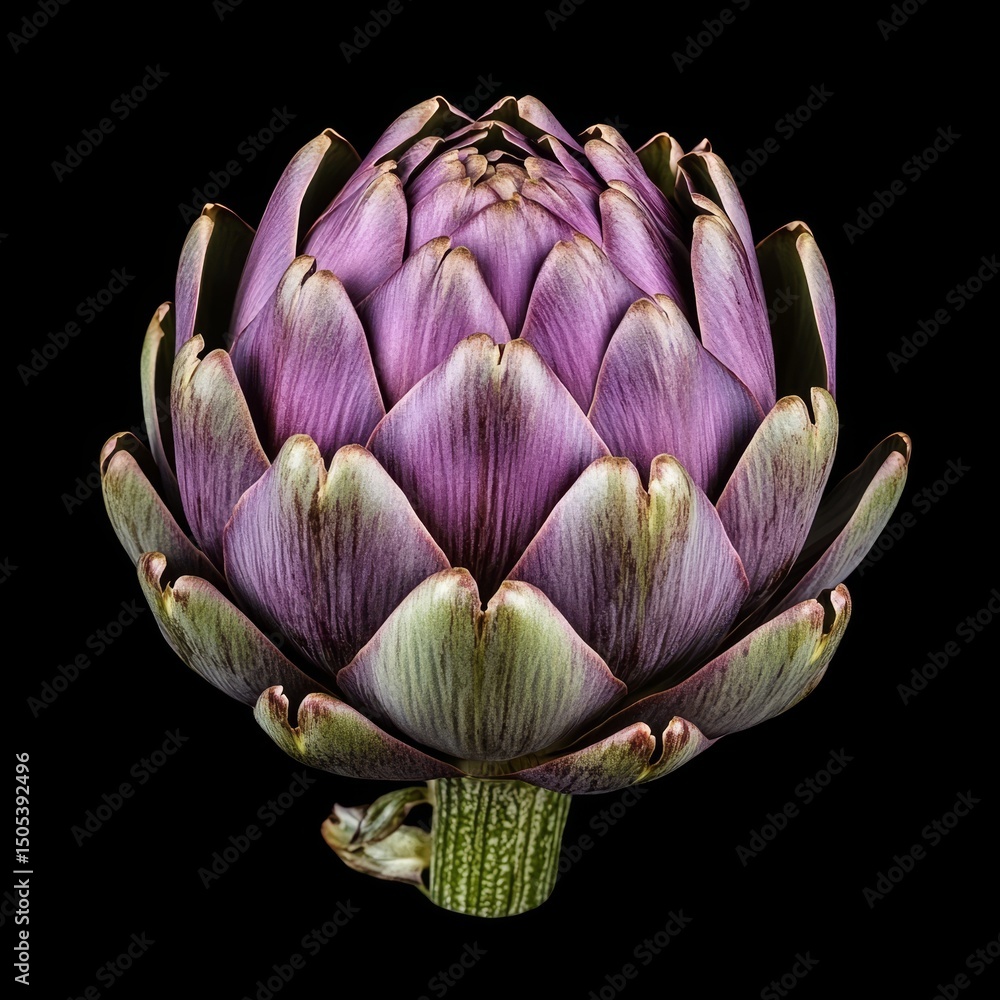 Vibrant Purple Artichoke, Green Tones, Unique Intricate Structure, Isolated on Black Background Vibrant Purple Artichoke, Green Tones, Unique Intricate Structure, Isolated on Black Background