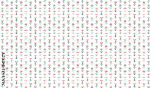 Seamless abstract pattern with small bunch of flower outline in pink red blue green on white background. Vector illustration, for shirt lady dress cloth child baby girl cover decoration textile print