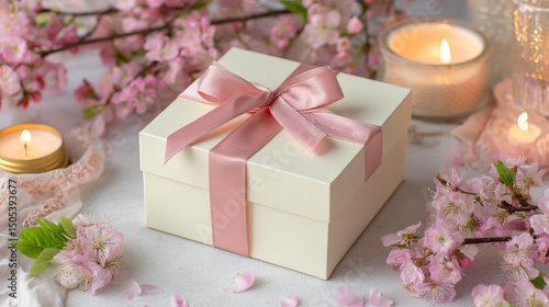 Minimalist Pastel Gift Box with Pink Ribbon and Cherry Blossoms in Warm Mother’s Day Setting