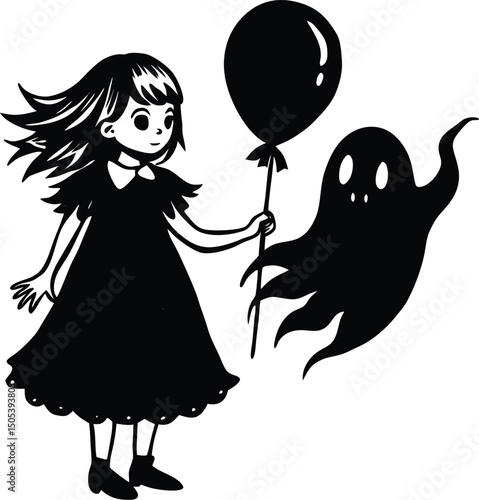 Silhouette of Girl Holding Balloon and Ghost Behind