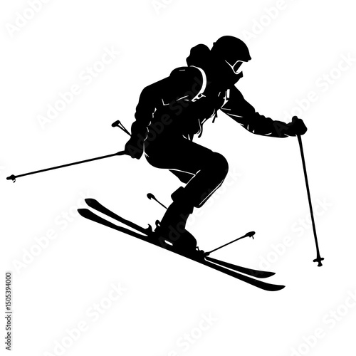 Skiing Person Silhouette with Full Gear – Winter Sports Vector Illustration

