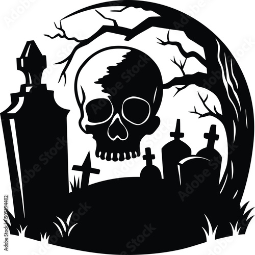 Silhouetted Skull in Dark Fog With Tombstones