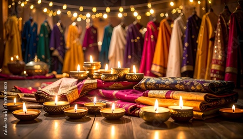A rustic wooden table adorned with flickering candles of various heights, surrounded by neatly folded colorful clothes, creating a cozy, inviting atmosphere.