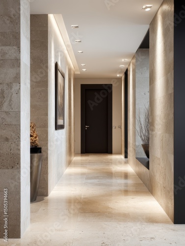 Elegant hallway with stone walls and flooring.