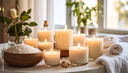 A beautifully set table adorned with flickering candles, soft linen towels, and vibrant flowers, creating an inviting and romantic atmosphere.