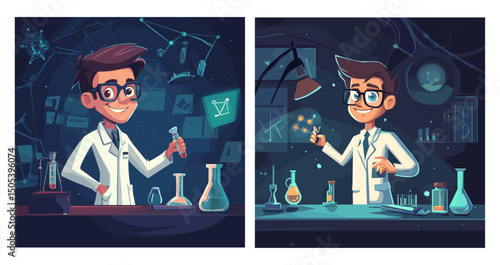 Cartoon scientists man. Chemistry teacher or laboratory worker at workplace desk with chemical flasks solution graduate student science concept dark classroom vector illustration