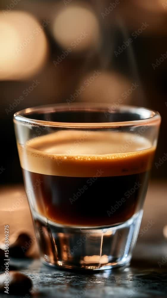 Fresh espresso coffee beverage in clear glass with hot creamy foam, warm drink inviting comfort and rich aroma Fresh espresso coffee beverage in clear glass with hot creamy foam, warm drink inviting comfort and rich aroma