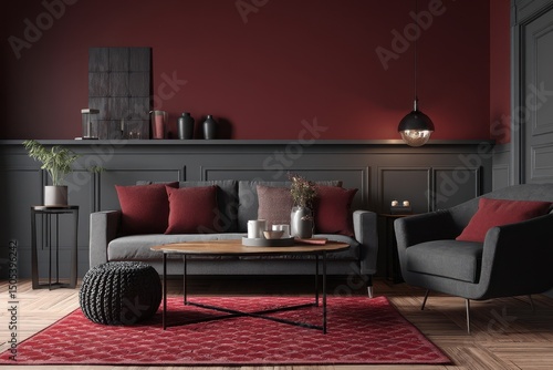 Cozy living room with burgundy accents and a patterned rug.