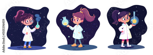 Little pharmacist. Cartoon cute girl white scientific coat hold chemistry flask bottle on abstract space background, child science concept kid scientist set vector illustration