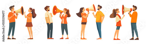 Man and woman with megaphone. Referral friends loyalty program, business marketing cartoon customer characters guy girl consumer announcement product promotion, vector illustration