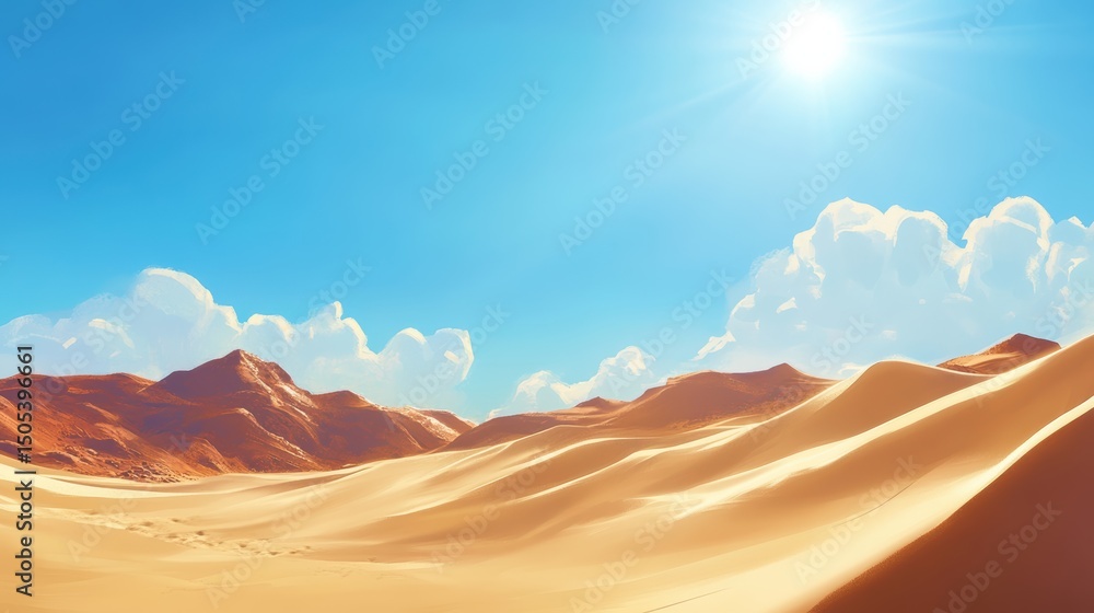 Naklejka premium Bright and sunny desert scene featuring rolling sand dunes, producing a dry and open atmosphere