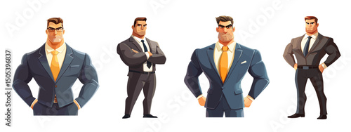 Strong businessman. Muscular man in business suit, super hero powerful boss strength leader undercover agent employee manager trainer leadership cartoon set vector illustration
