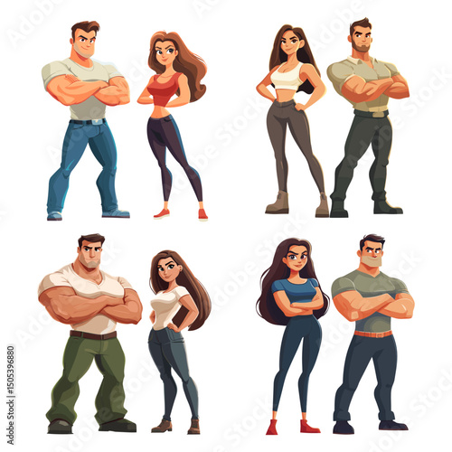 Strong couple. Powerful man and woman with muscle body, sport workout gym trainers comic superhero muscular soldier secret agent cartoon hero characters set vector illustration