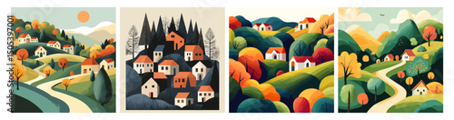 Village forest. Farm small houses in tree mountain landscape, abstract nature pattern scandinavian design posters summer autumn cover countryside background vector illustration