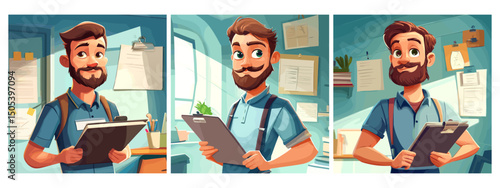 Worker with clipboard. Engineer holding clipboard, carpenter entrepreneur awaiting order in work office room interior, cartoon storekeeper inspector supervisor vector illustration