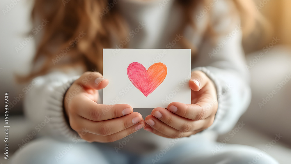 Child holding a heart drawing card Child holding a heart drawing card