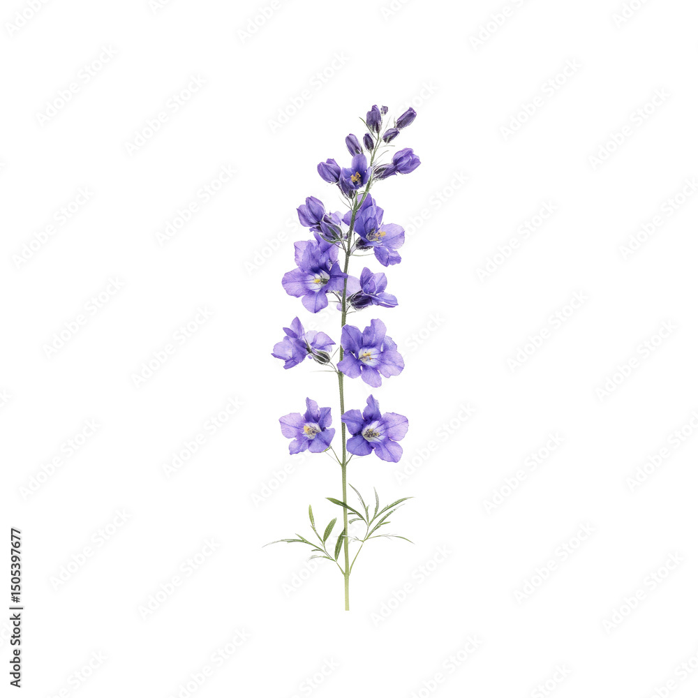 Obraz premium Single Stem of Light Purple Delphinium Flowers Isolated on Black