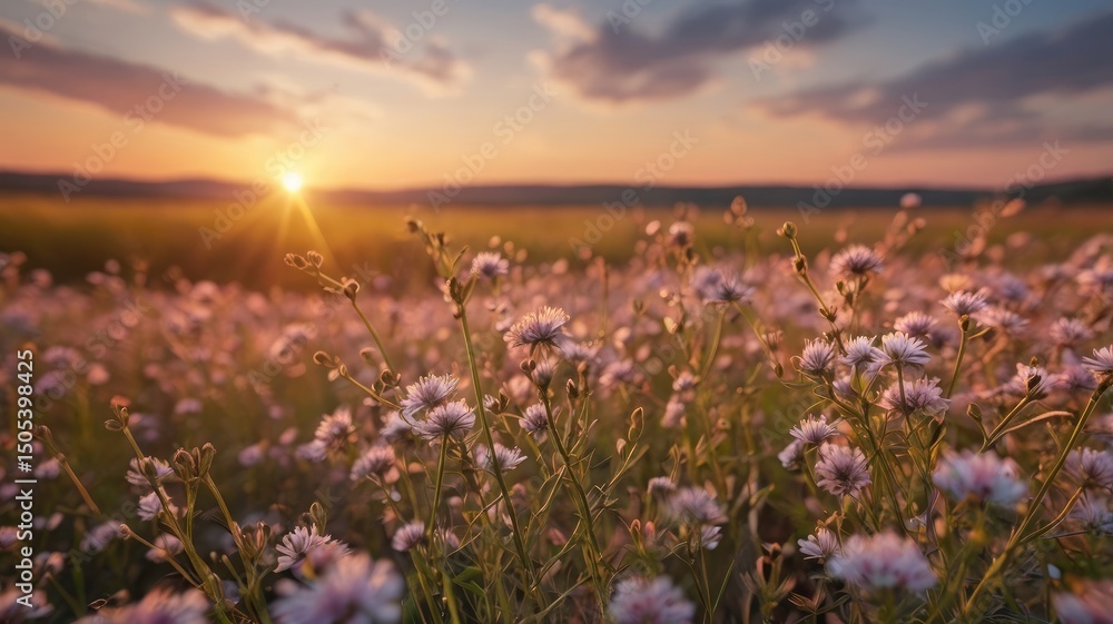 Obraz premium Sunset Meadow Vibrant Wildflowers Golden Hour Landscape