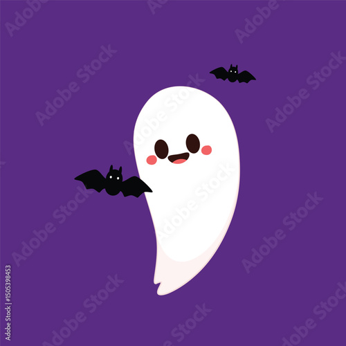 Cute ghost floating with Halloween pumpkin basket for Trick or Treat. Funny spooky boo character. Spook phantom with happy smiling face expression. Isolated kids flat vector illustration.