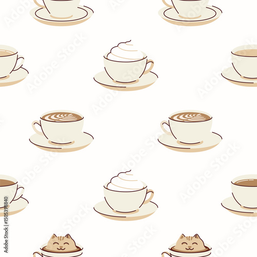 Cute illustrations of coffee in a paper cups, pastel colors, seamless pattern, flat style