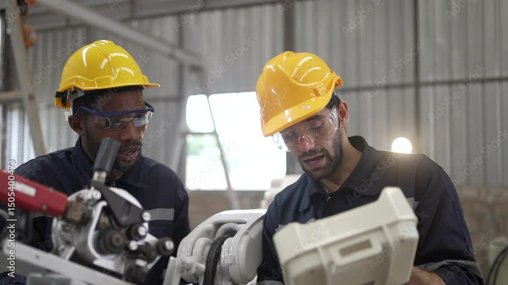 Blue collar workers at machine shop with welding robot arm. Factory and machinery. Blue collar workers at machine shop with welding robot arm. Factory and machinery.