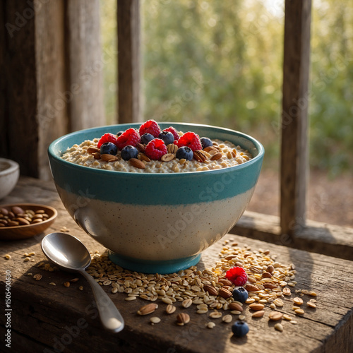 A vibrant breakfast scene with a shallow bowl of wheat porridge topped with chopped fruits and nuts placed near a sunlit window on a rough wooden table, the composition balances vibrant