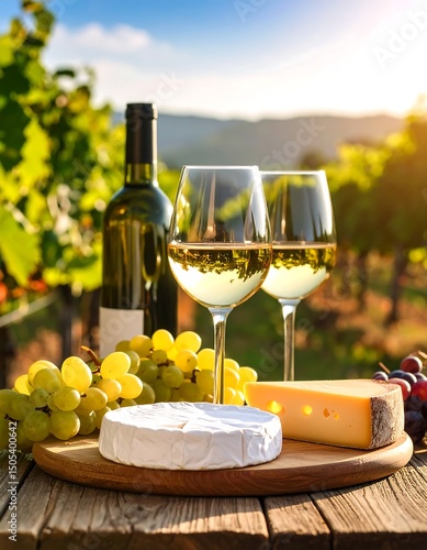 A rustic wooden table set elegantly with crystal wine glasses, an assortment of gourmet cheeses, and a decorative cheese board, inviting a cozy gathering.