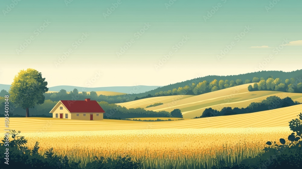 Countryside field with a picturesque farmhouse, rolling hills, and a clear sky, evoking a peaceful and idyllic rural atmosphere Countryside field with a picturesque farmhouse, rolling hills, and a clear sky, evoking a peaceful and idyllic rural atmosphere