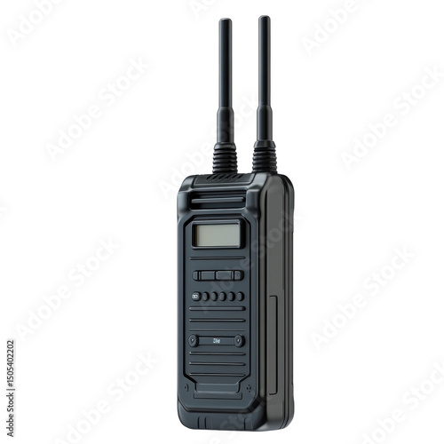 Rugged black walkie talkie against a dark backdrop prepared for critical on transparent background