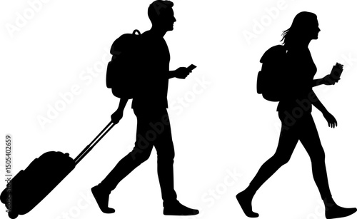 Silhouette of a Couple Traveling with Backpacks and Luggage Adventure Travel Photography