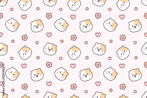 Kawaii seamless pattern with cute hamsters, hearts, and flowers on pastel pink background
