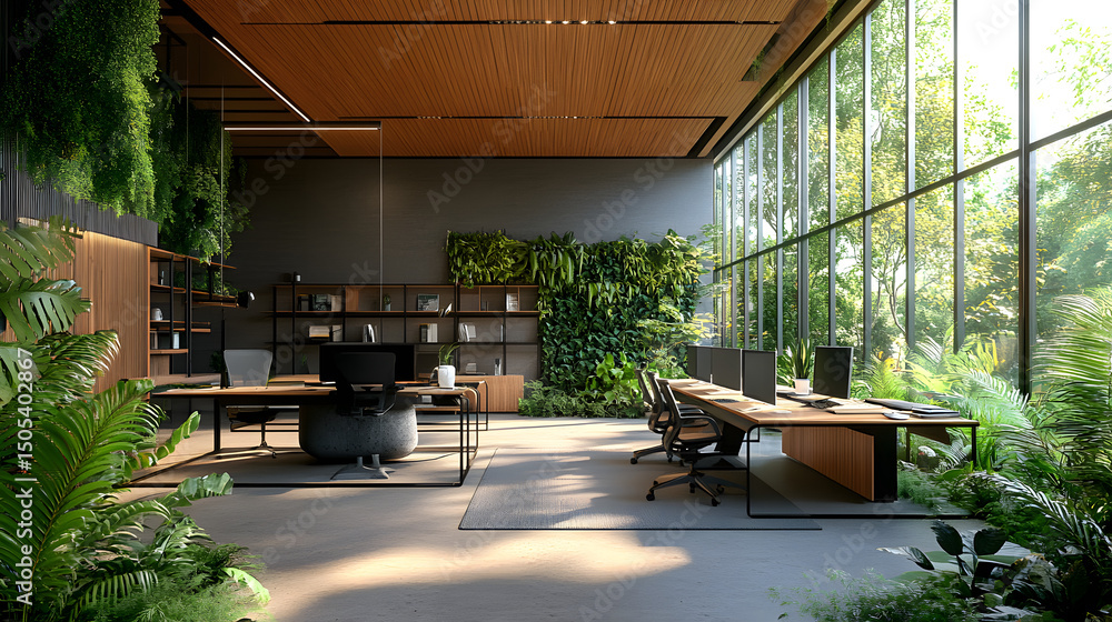 Fototapeta premium Green, sustainable and environmental office space with daily employee rush