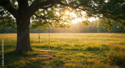 Serene sunset illuminating a rope swing hanging from a large tree in a verdant field