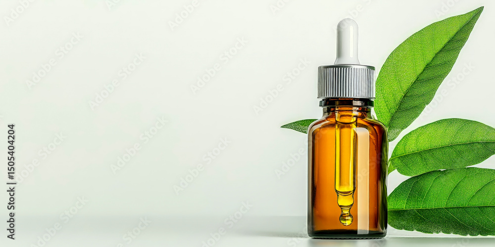 Fresh Green Leaf Droplet Falling into Essential Oil Amber Bottle Fresh Green Leaf Droplet Falling into Essential Oil Amber Bottle