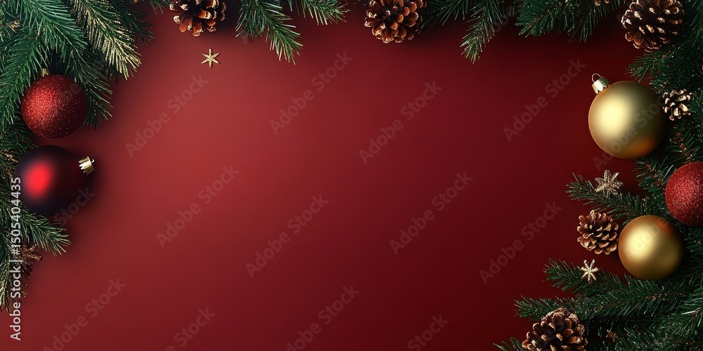Christmas Background, Red Background With Ornaments, Pine Branch, Stars And Pine Cones Border Christmas Background, Red Background With Ornaments, Pine Branch, Stars And Pine Cones Border