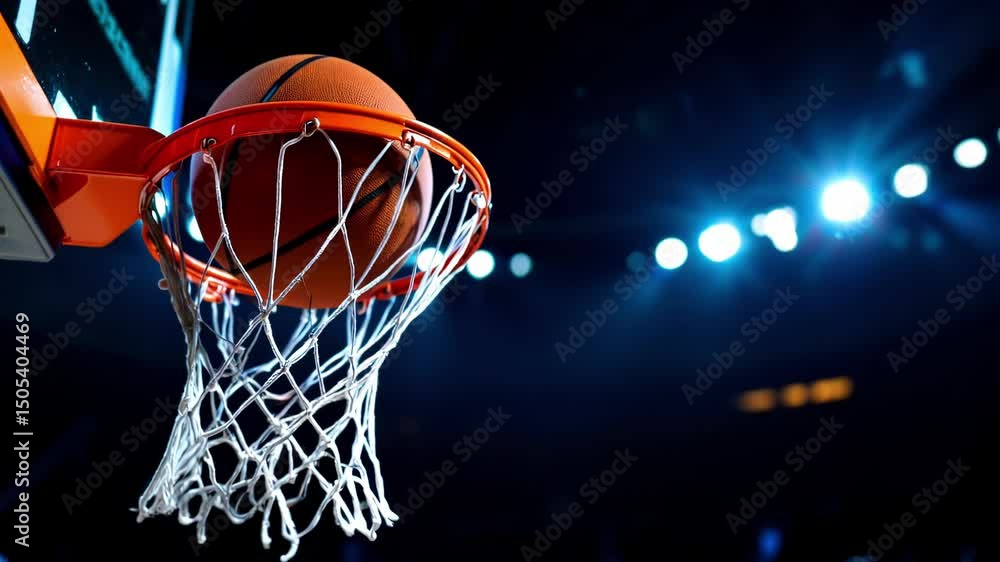 Close up of Basketball Hoop in Brightly Lit Arena at Night Close up of Basketball Hoop in Brightly Lit Arena at Night