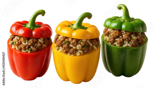 Red, yellow, and green bell peppers stuffed with a savory mixture of ground meat and rice.