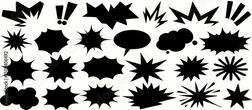 Collection of Black Comic Book Speech Bubbles and Explosion Effects