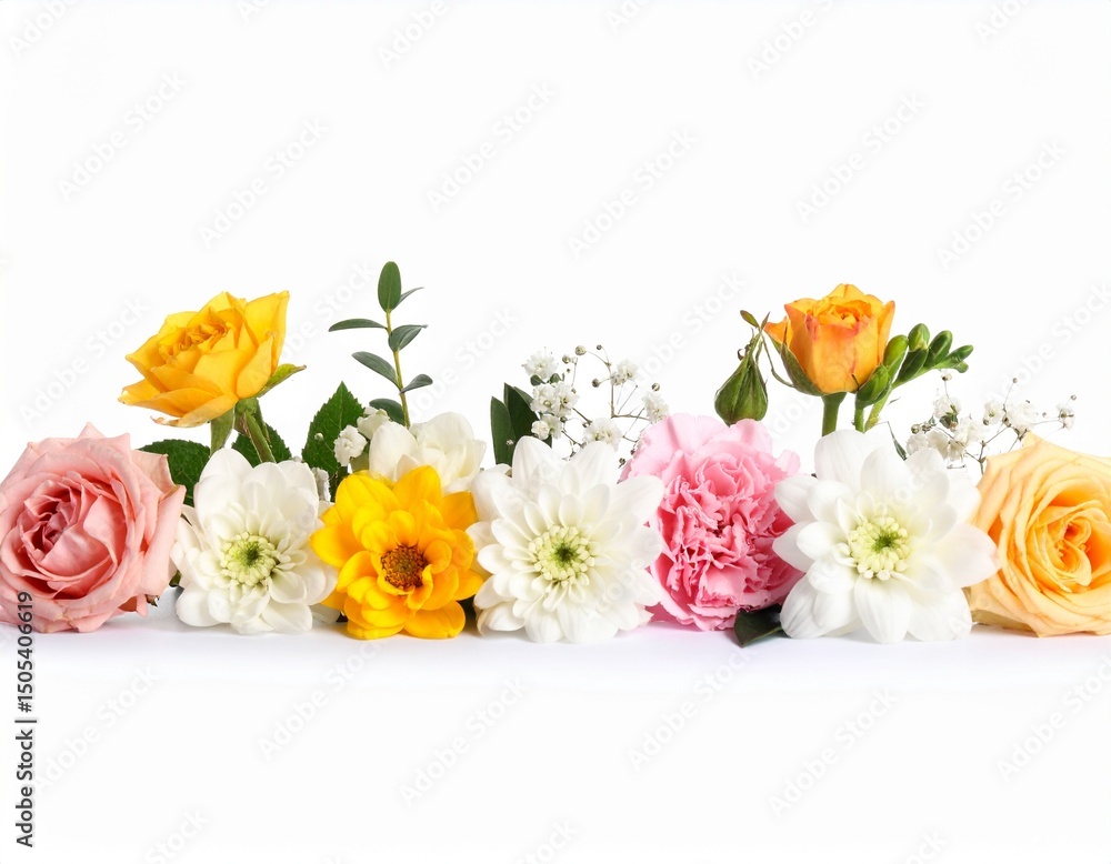 Fototapeta premium Different beautiful flowers in row isolated on white, 