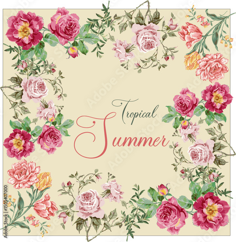 Tropical Summer with Exotic Flowers framed illustration Watercolor Pattern
