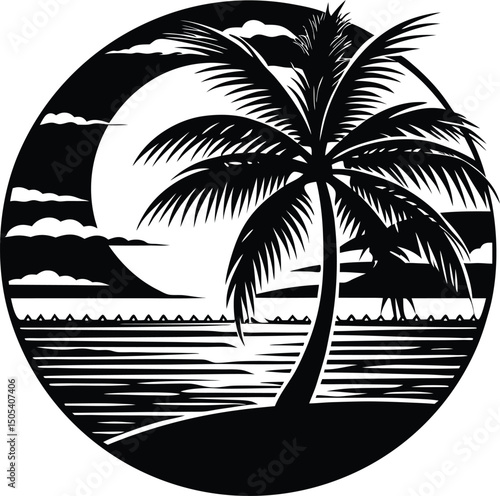 Sunset Scene With Palm Tree In Foreground Silhouette
