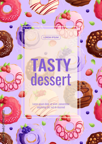 A bright design template for a flyer with a delicious dessert. Donuts with different flavors. The concept of confectionery, cooking, sweets. A4 vector illustration for posters, banners, advertisements
